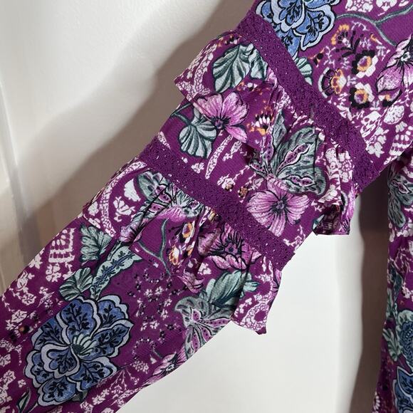 Style & Co Floral Ruffled Peasant Top Pink Womens Size 2X Boho Colorful Mesh - Picture 4 of 8